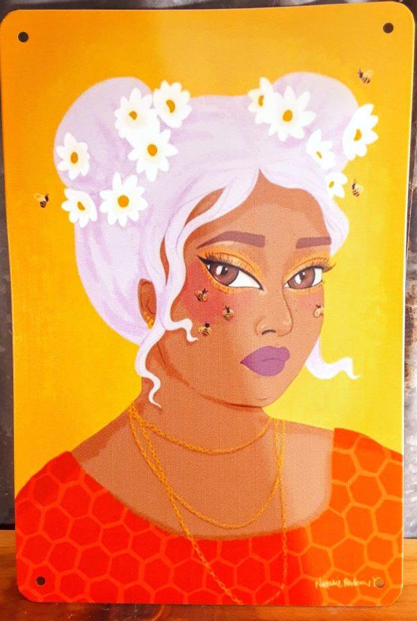 Woman with Bees Metal Sign