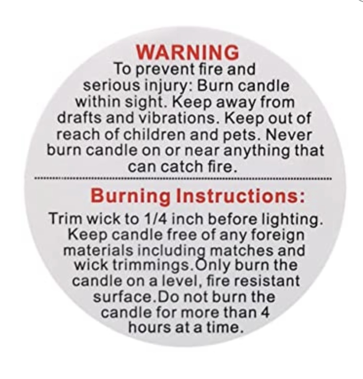 Candle Warning Label - HappBee Acres Bee Supply