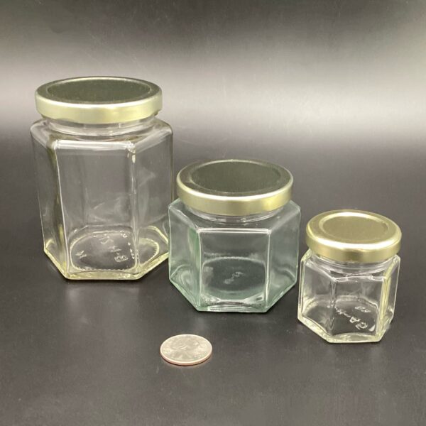 img_1046-2 Hexagon Jar with Gold Metal Lid