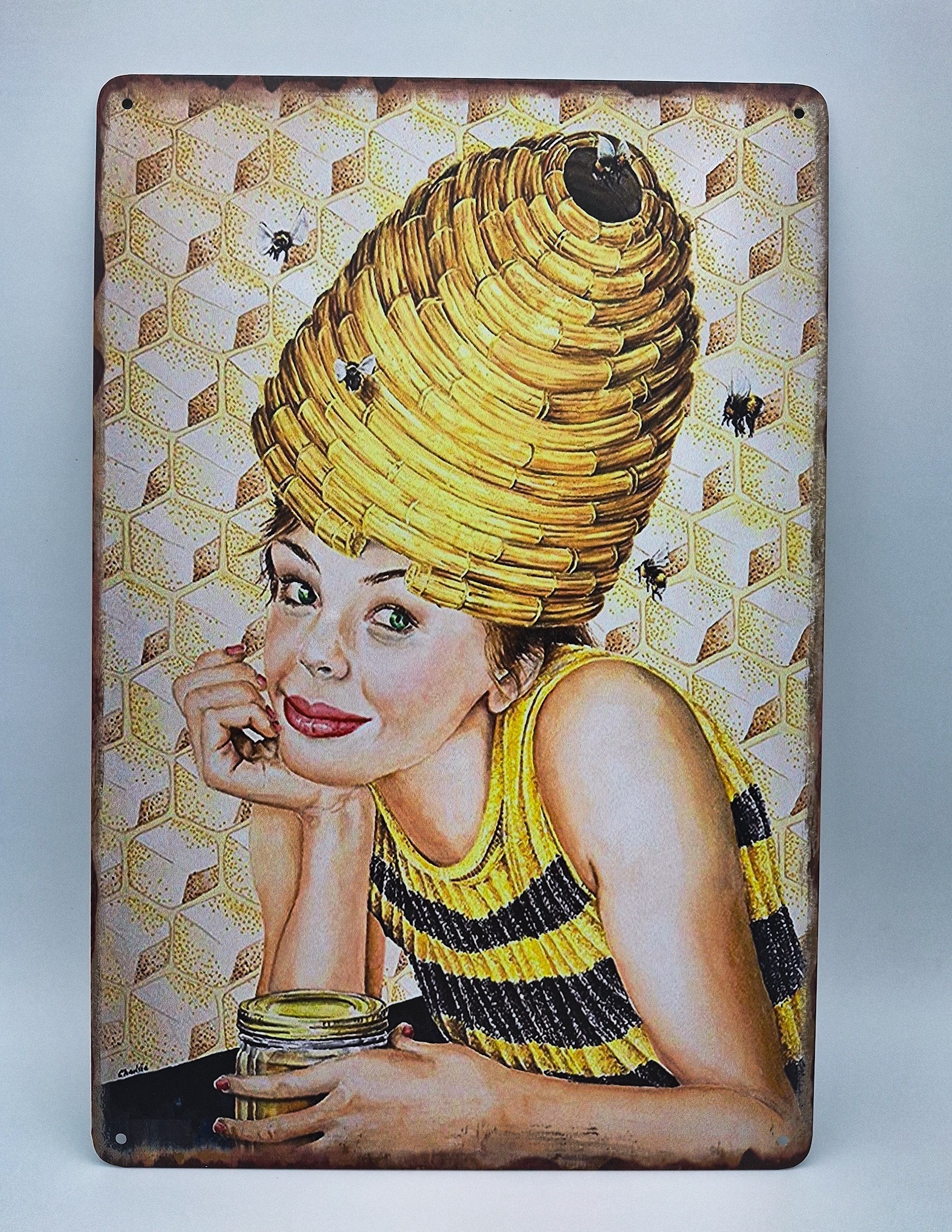 Women w Skep Hat Metal Sign - HappBee Acres Bee Supply